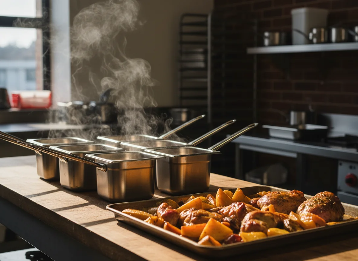 Пар над стальными ёмкостями и запечённые блюда на профессиональной кухне