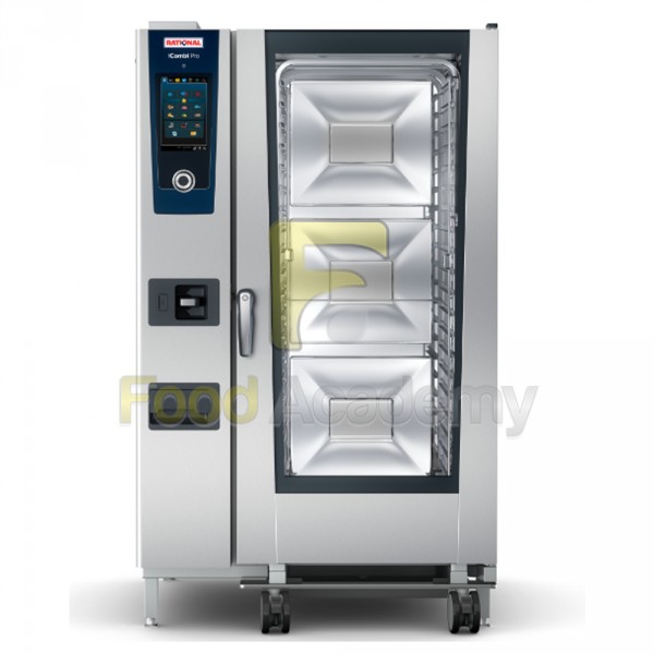 Rational iCombi Pro 20-2/1: дверца закрыта, внутри виден передвижной стеллаж-тележка для загрузки, слева сенсорная панель