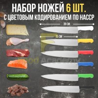 Набор ножей длина лезвия 25 см, общая 39 см, пластик цветная ручка, JCSK-10P